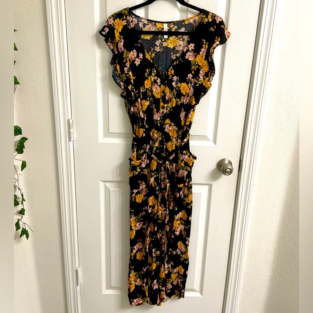 Floral Romper Jumpsuit Flowy Cap Sleeve With Pockets Functional Buttons